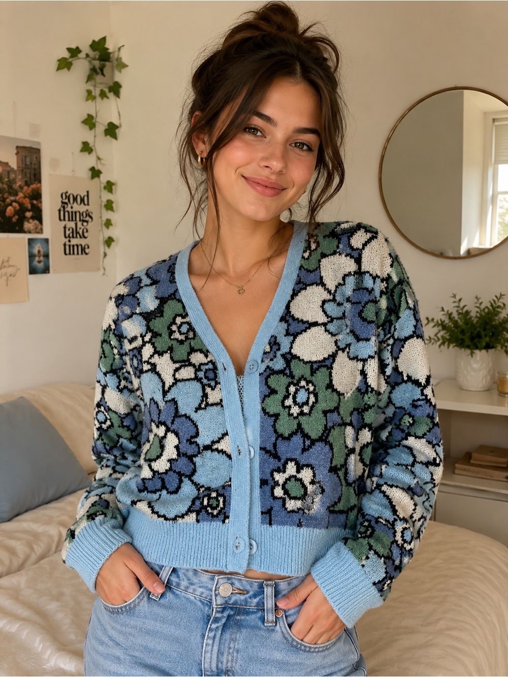 Floral V-Neck Button-Front Cardigan Sweater - Light Blue Multi